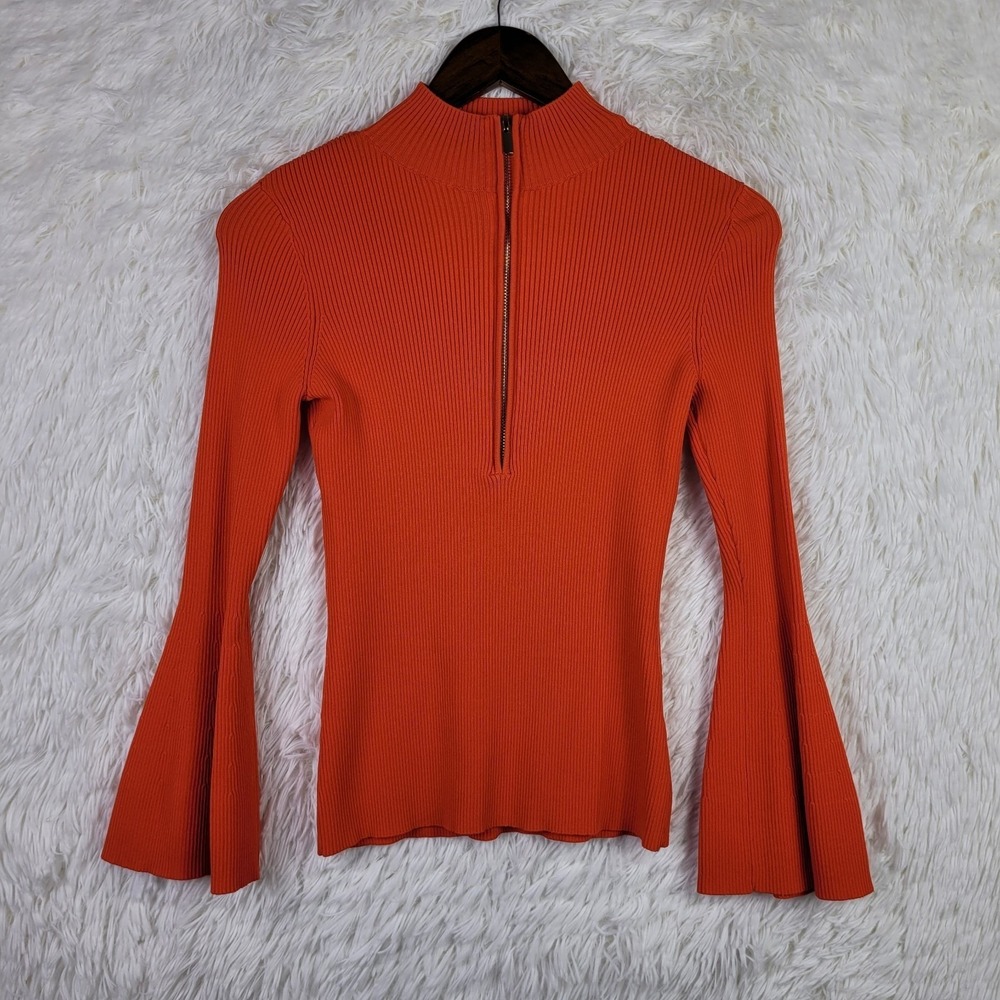 Boston Proper Orange Ribbed Knit Bell Sleeve Half Zip Mock Neck Sweater XS